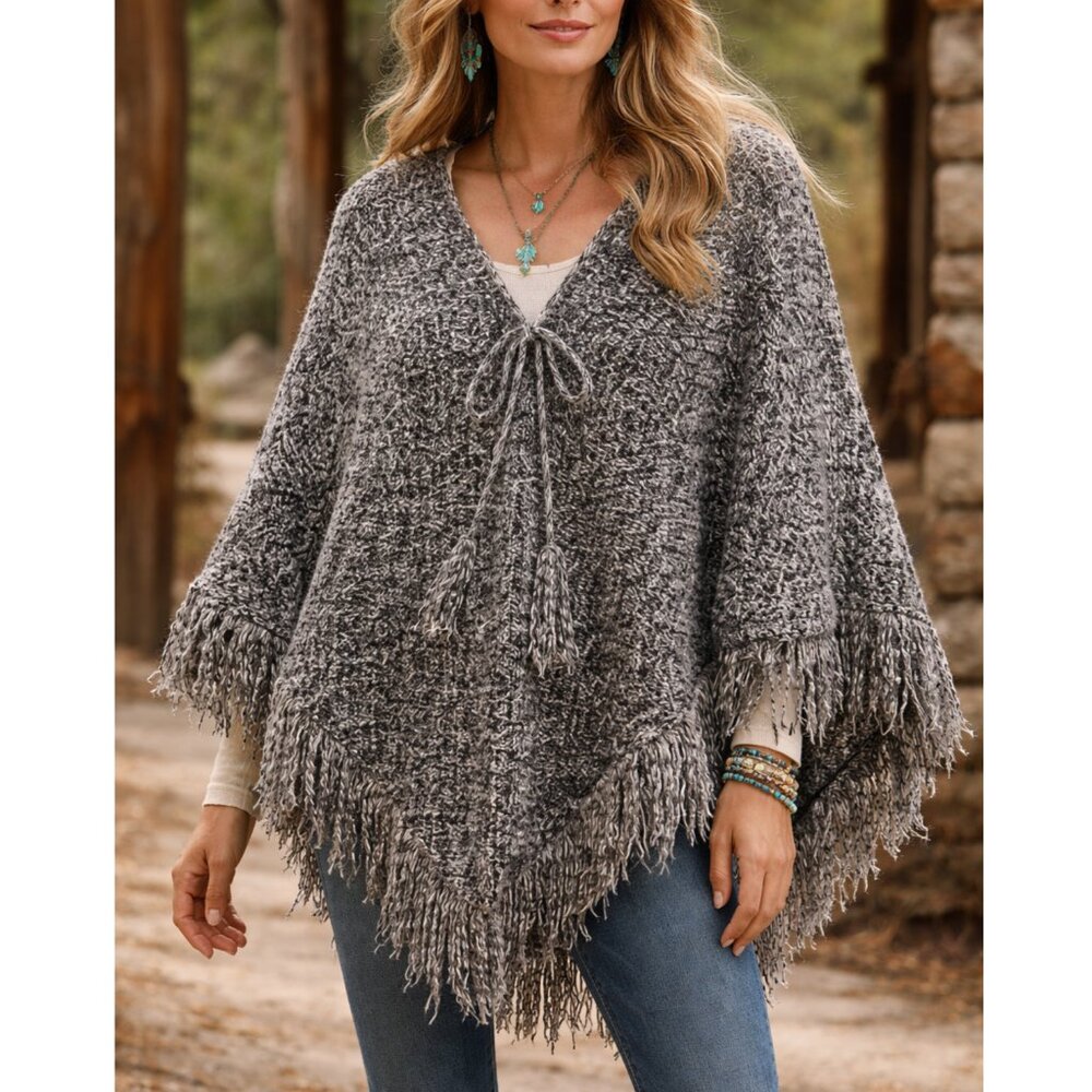 Do Everything In Love Knit Cape Shawl Sweater Fringed V-neck Knit Acrylic O/S